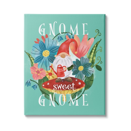 Stupell Industries Gnome Sweet Gnome Phrase Spring Floral Mushroom Garden Canvas Wall Art